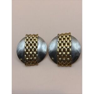 Vintage Unsigned‎ Gold Silver Tone Round Solid and Chain Pattern Post Earrings